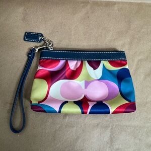 Coach Multicoloured Satin Wristlet with Blue Patent Leather Trim. 7” by 4.5”